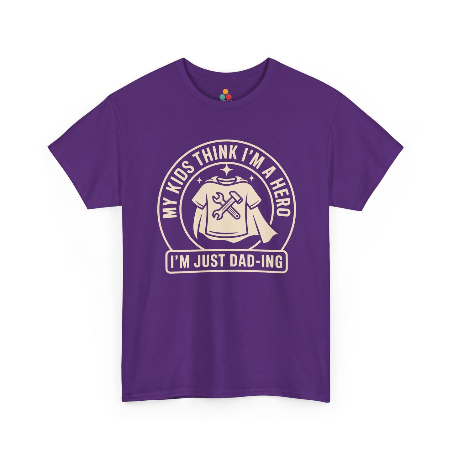 TEEZOCA purple “My Kids Think I’m A Hero I’m Just Dad‑ing” funny graphic tee shown flat.