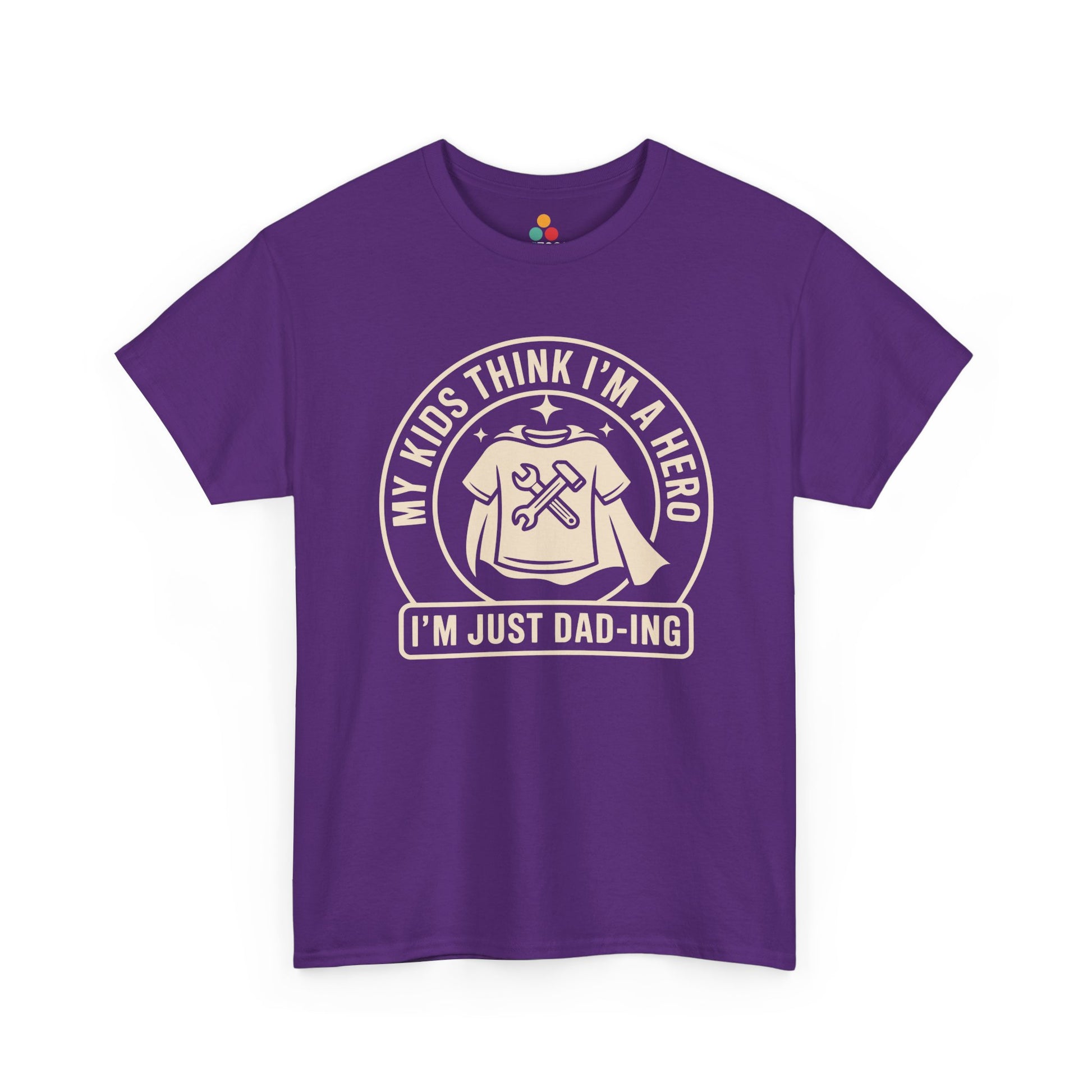TEEZOCA purple “My Kids Think I’m A Hero I’m Just Dad‑ing” funny graphic tee shown flat.