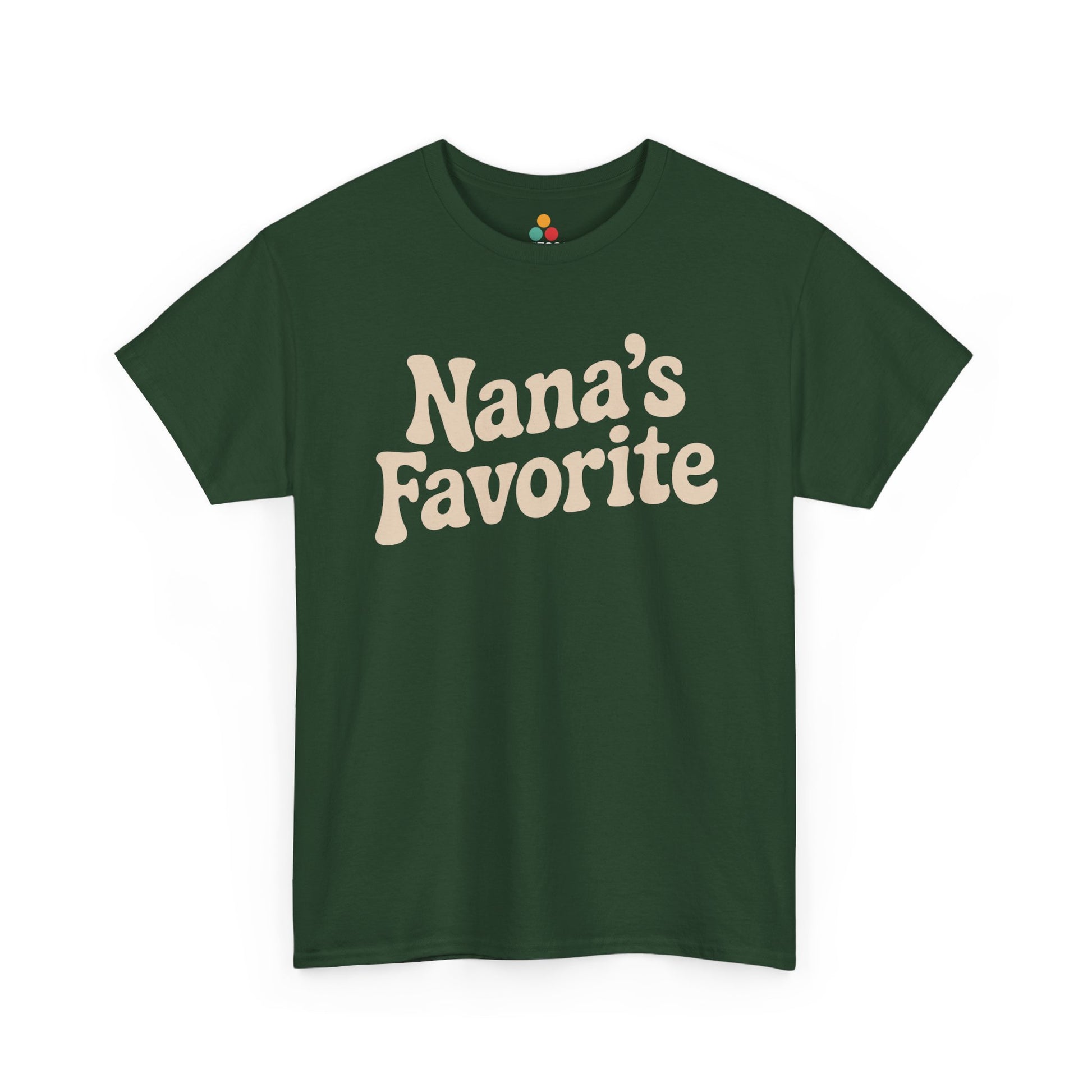 Green t‑shirt displaying cream “Nana’s Favorite” curved typography, flat front view.