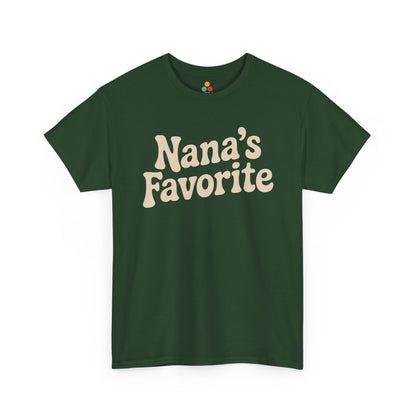 Green t‑shirt displaying cream “Nana’s Favorite” curved typography, flat front view.