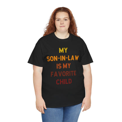 Woman wearing a black TEEZOCA “My Son‑In‑Law Is My Favorite Child” vintage style in‑law tee with jeans.