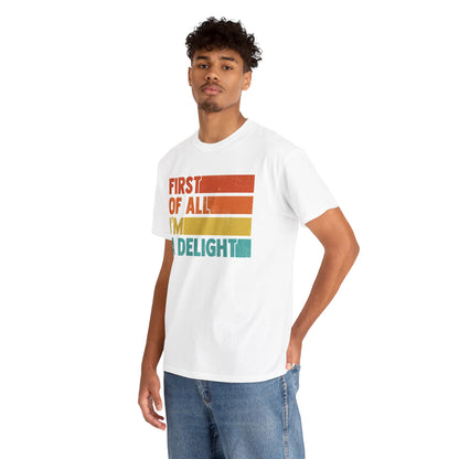 “Man wearing white ‘First Of All I’m A Delight’ retro stripe t‑shirt, front view.”

