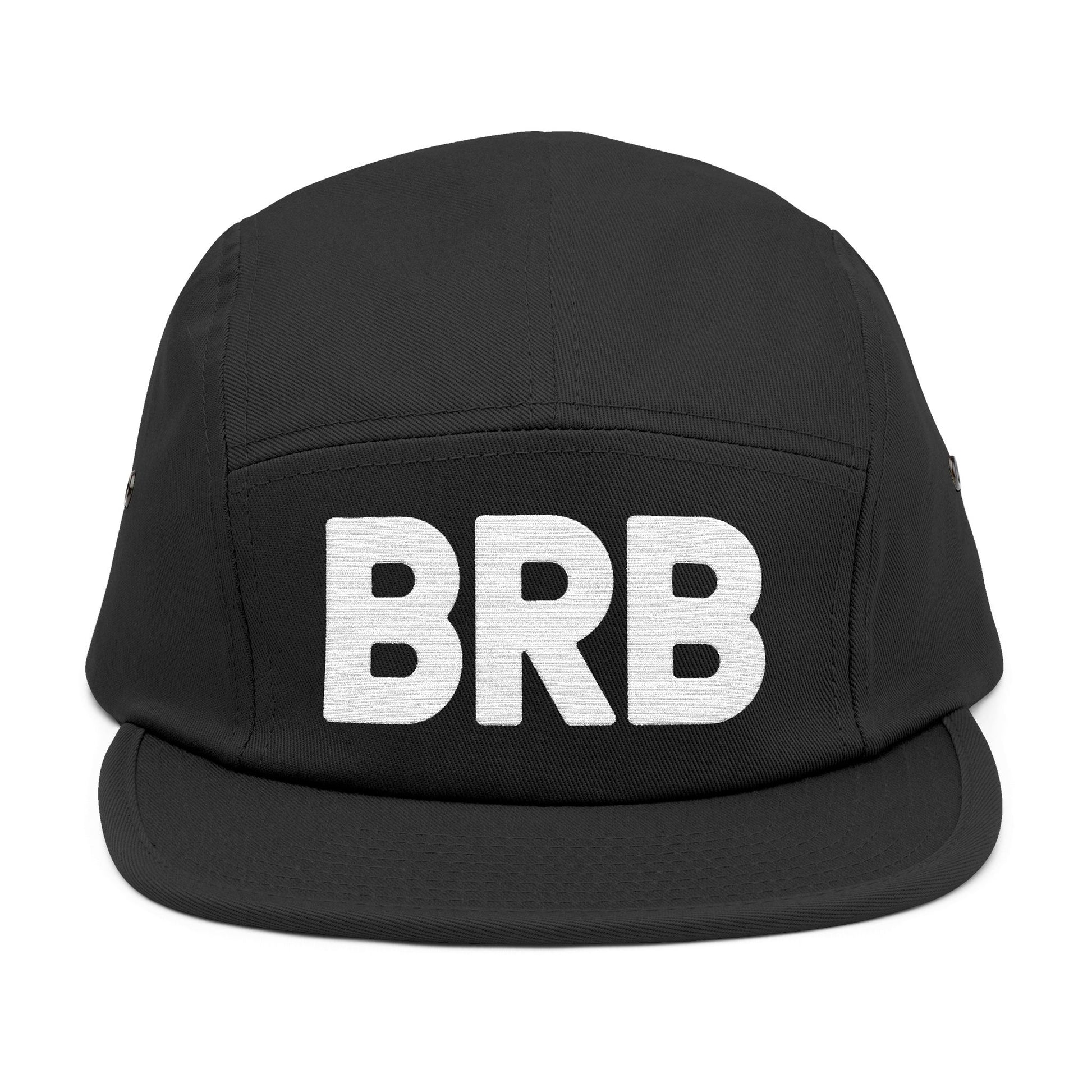 Black cap with 'BRB' text on a white background. Minimal embroidered BRB lettering artwork. TEEZOCA
