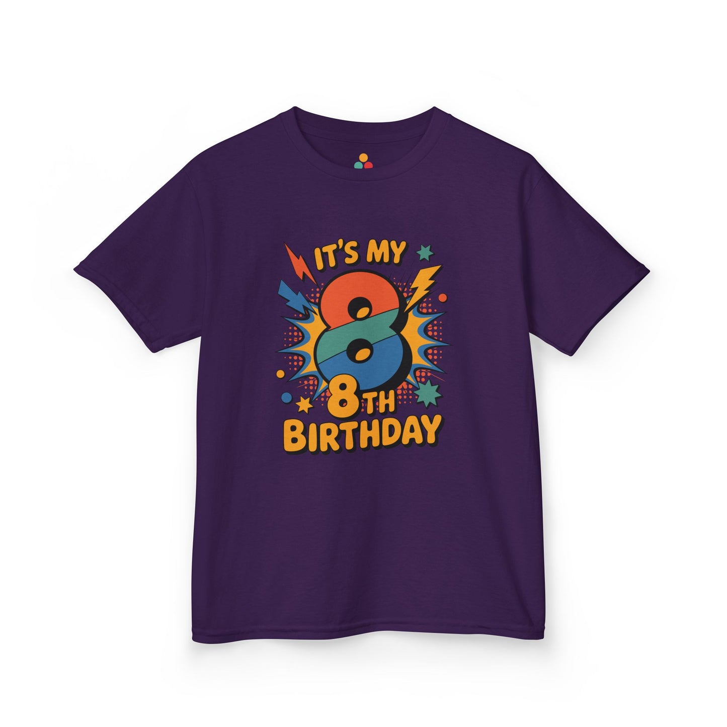 “Purple ‘It’s My 8th Birthday’ retro comic t‑shirt, bold 8 with lightning bolts and stars, kids 8th birthday design, flat view.”

