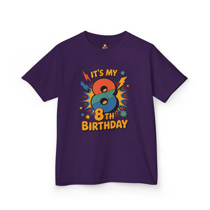 “Purple ‘It’s My 8th Birthday’ retro comic t‑shirt, bold 8 with lightning bolts and stars, kids 8th birthday design, flat view.”

