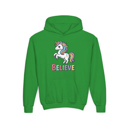 Kids hoodie with unicorn and Believe text in rainbow colors TEEZOCA