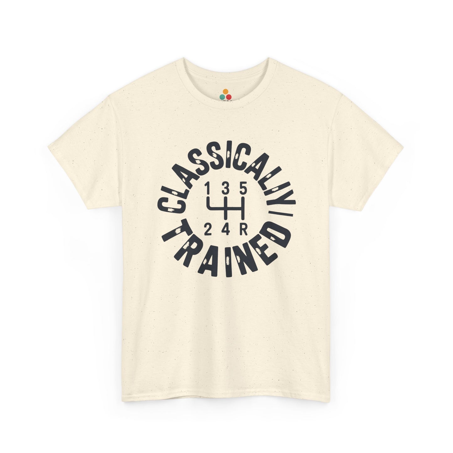 Light yellow t‑shirt with bold dark “Classically Trained” stick‑shift artwork, flat front view.​