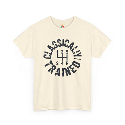 Light yellow t‑shirt with bold dark “Classically Trained” stick‑shift artwork, flat front view.​