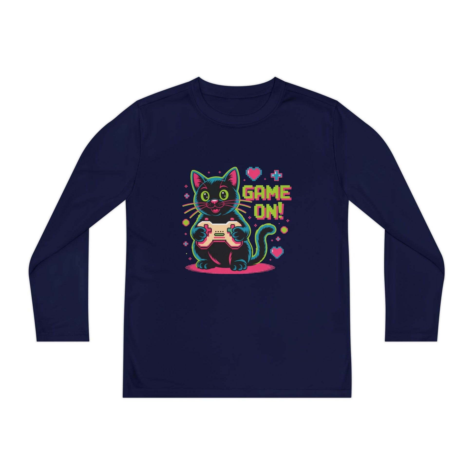 Youth Long Sleeve Tee — "Game On!" Gamer Cat Graphic TEEZOCA