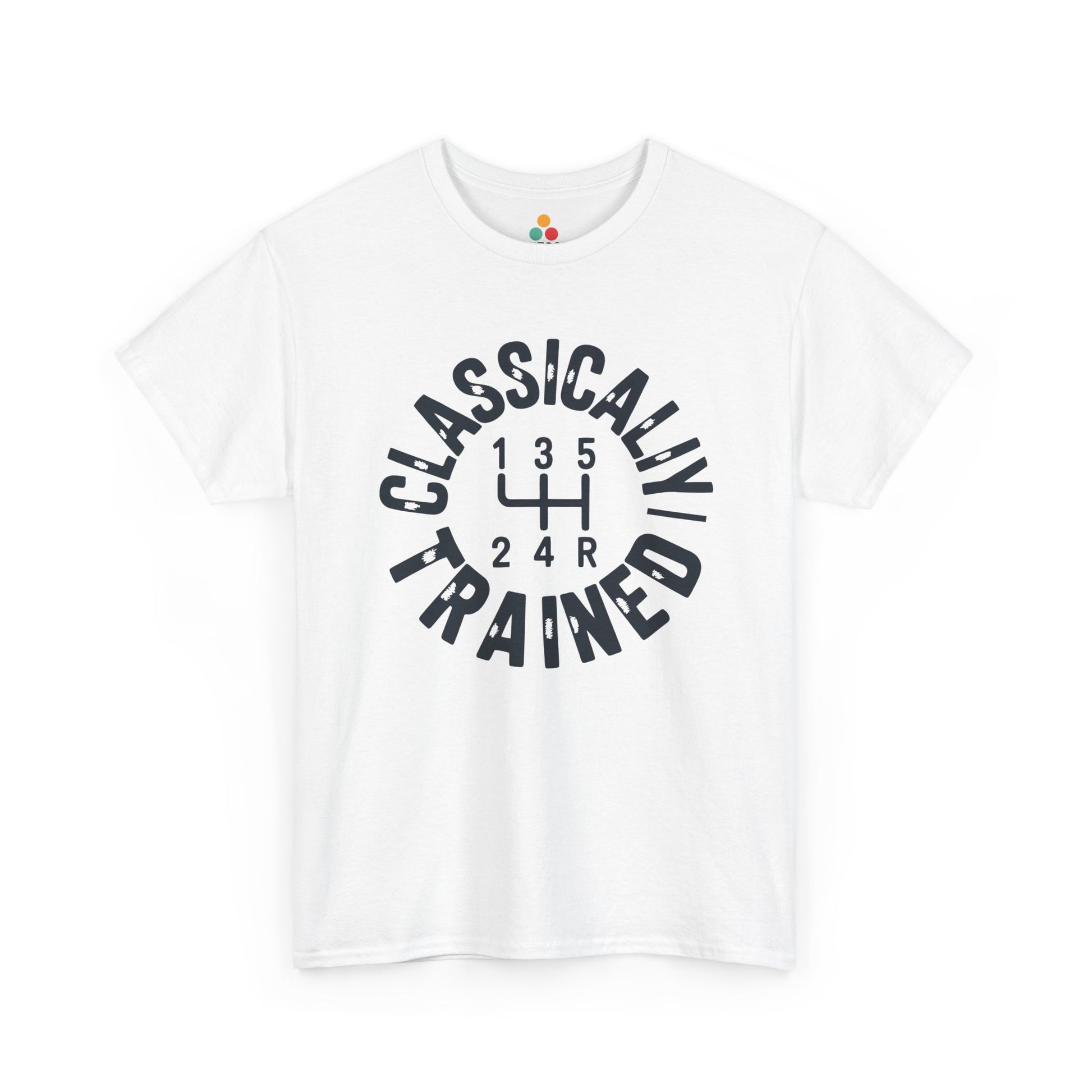 White t‑shirt with dark “Classically Trained” text circling a 5‑speed stick‑shift diagram, flat front view.​