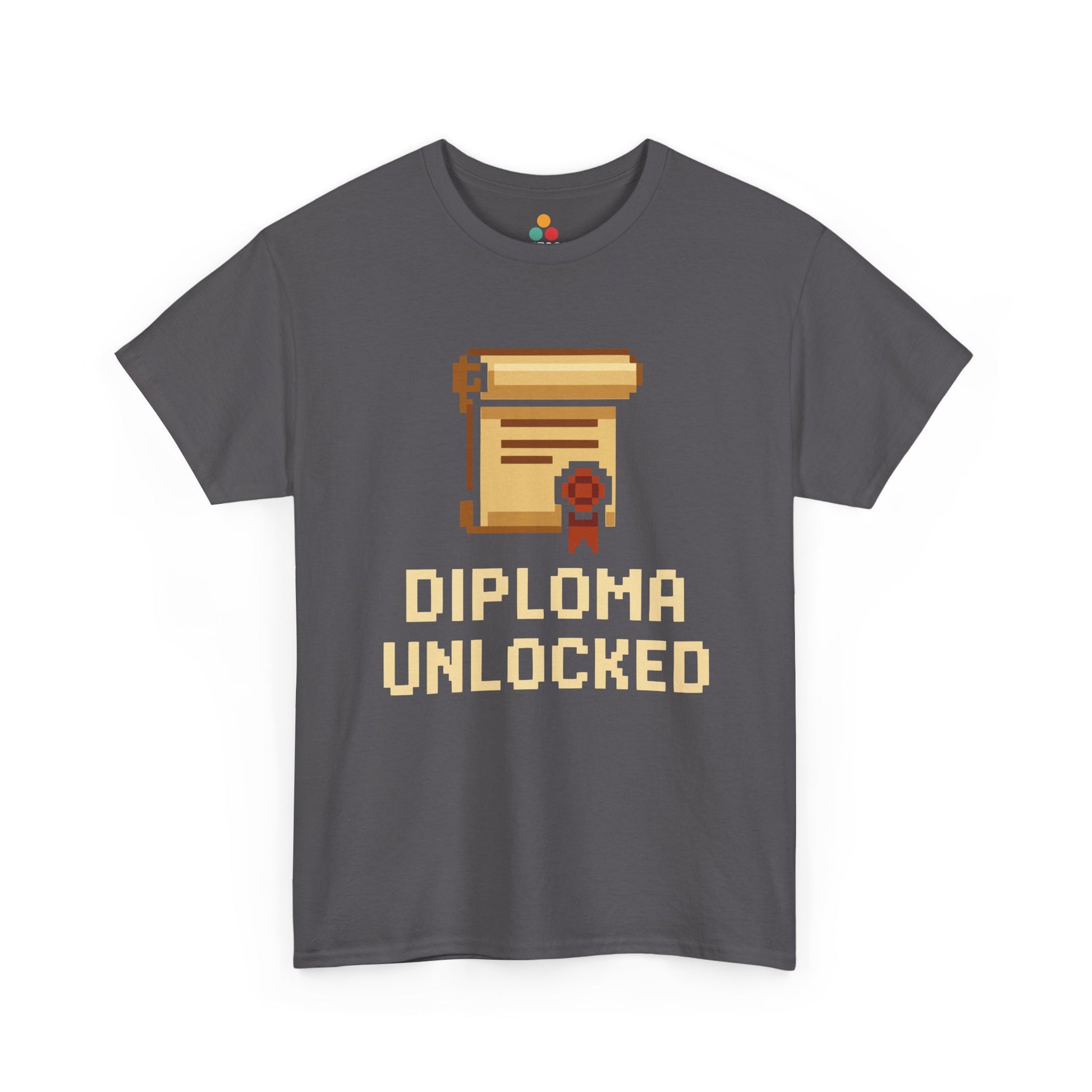 Gray t-shirt with 'Diploma Unlocked' graphic and text on a white background