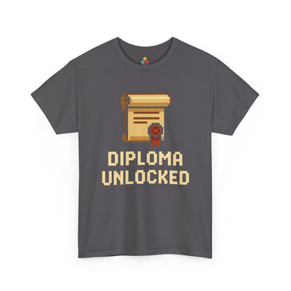 Gray t-shirt with 'Diploma Unlocked' graphic and text on a white background