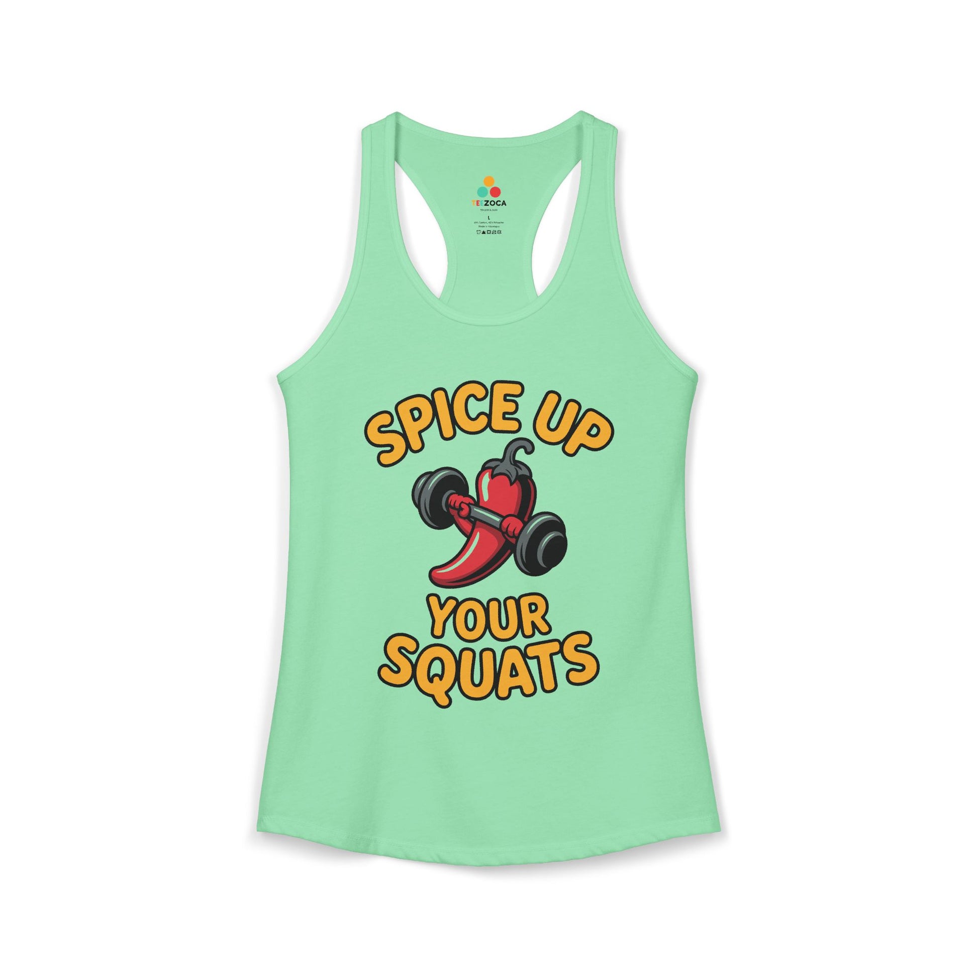 Light green tank top with a chili pepper graphic and text on a white background. TEEZOCA women’s tank top featuring a funny weightlifting chili pepper workout illustration