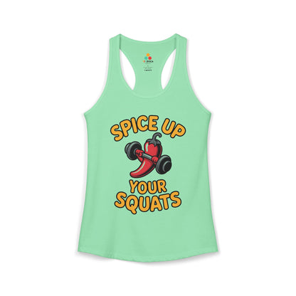 Light green tank top with a chili pepper graphic and text on a white background. TEEZOCA women’s tank top featuring a funny weightlifting chili pepper workout illustration