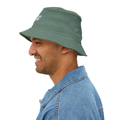Green bucket hat with funnt text 'Social Battery: Critically Low' on a white background. TEEZOCA