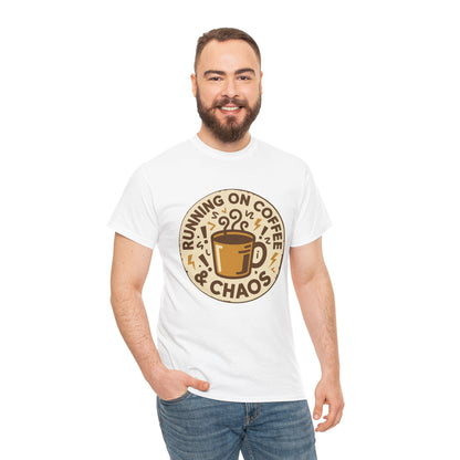 Man wearing a white TEEZOCA “Running On Coffee & Chaos” coffee lover t‑shirt.