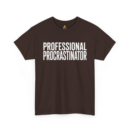 Brown t-shirt with 'PROFESSIONAL PROCRASTINATOR' text on a white background  | TEEZOCA