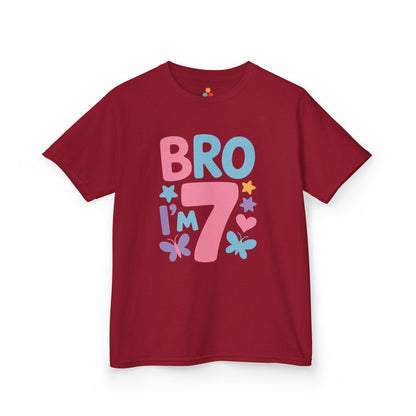 "Burgundy Bro I'm 7 t-shirt by Teezoca, cute colorful sibling celebration design, flat front display."

