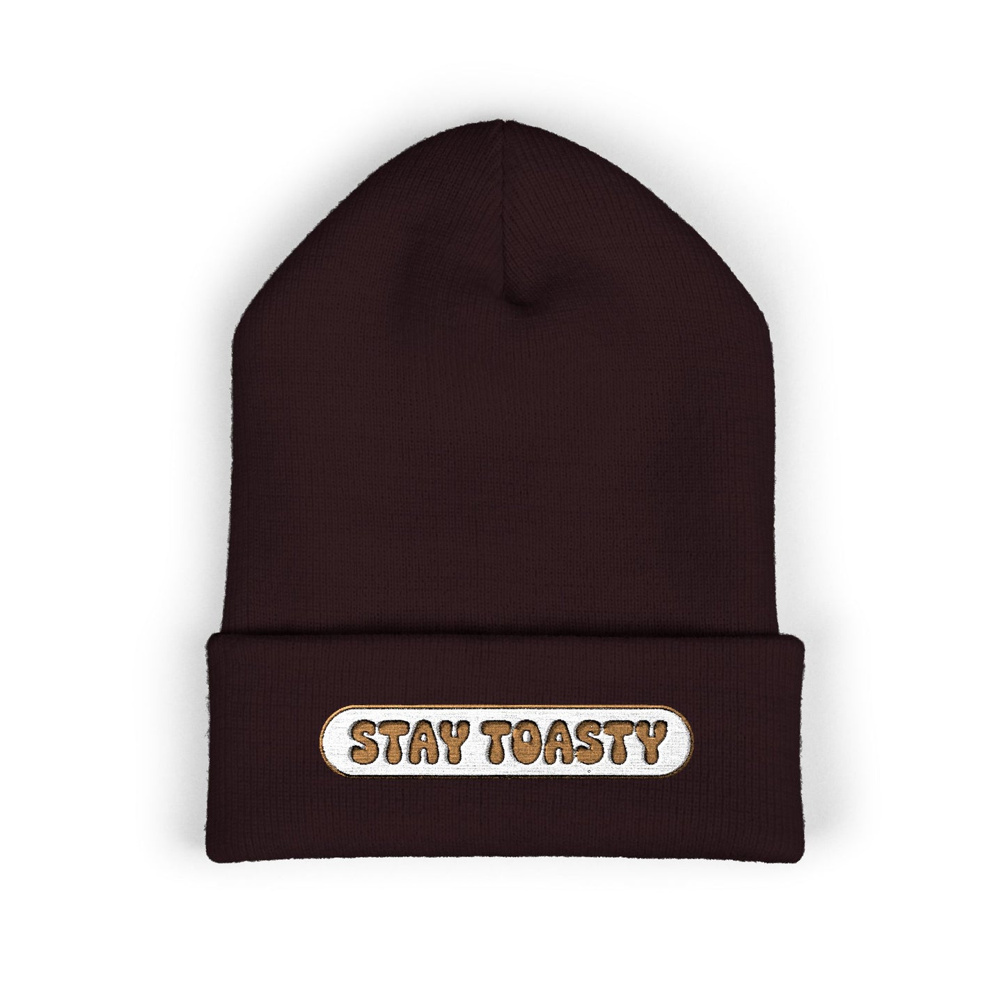 Brown beanie with 'Stay Toasty' text on a white background