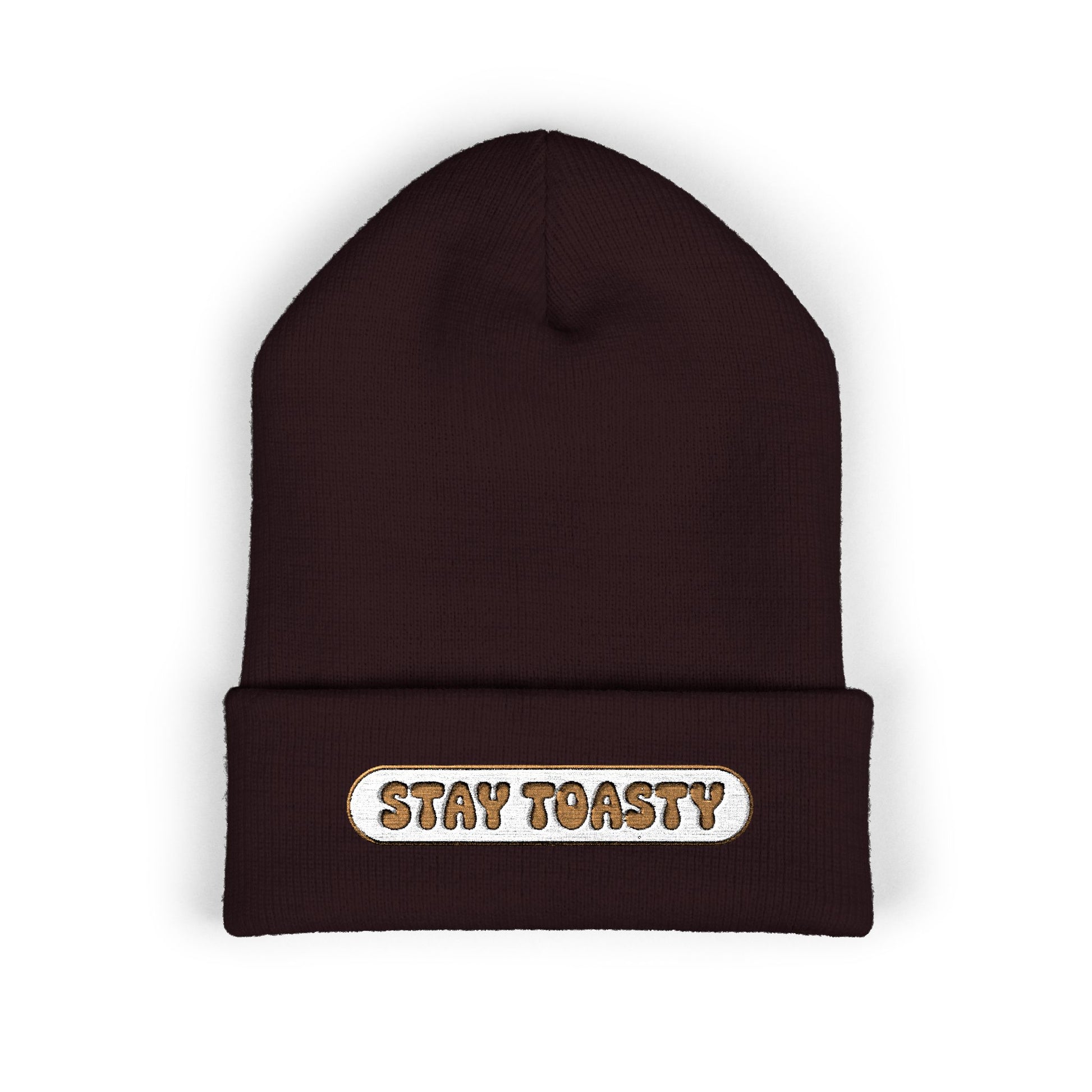 Brown beanie with 'Stay Toasty' text on a white background