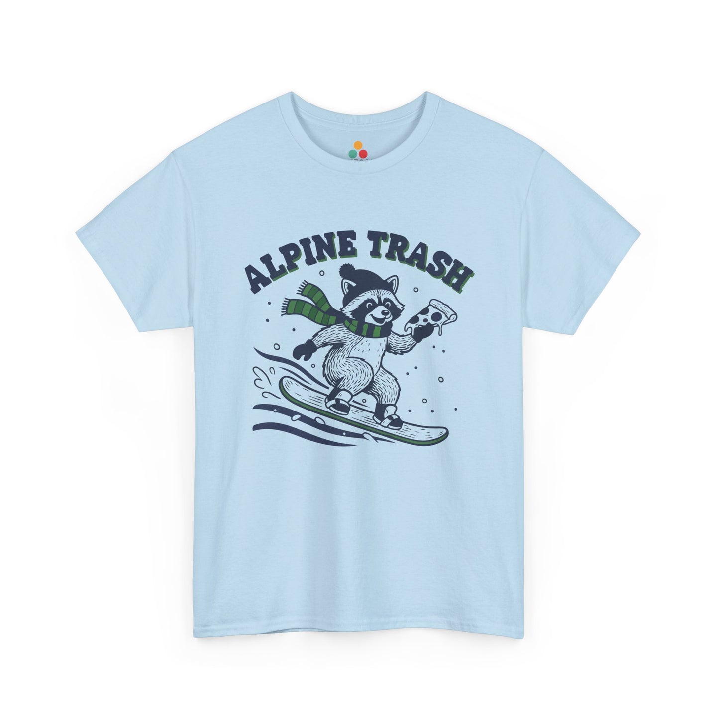 Alpine Trash Raccoon Snowboarding T‑Shirt – Funny Trash Panda Pizza Lover Ski Resort Tee | TEEZOCA 