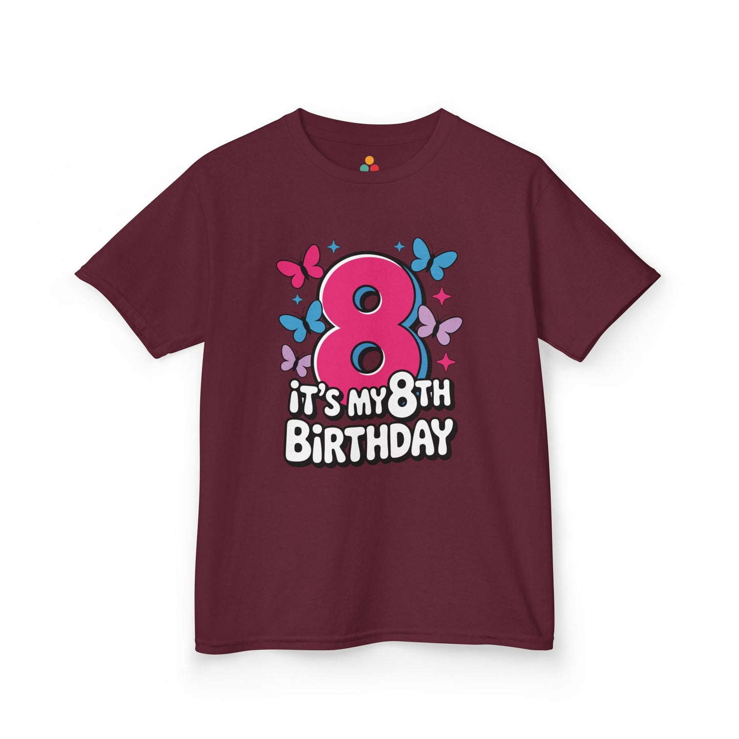 “Maroon kids ‘It’s My 8th Birthday’ shirt, large pink 8 with butterflies and stars, front view.”

