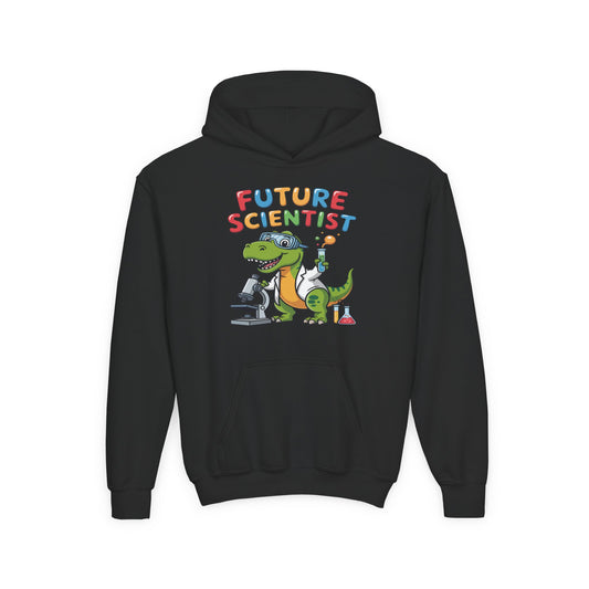 Youth hoodie with cute dinosaur wearing lab coat and goggles  TEEZOCA