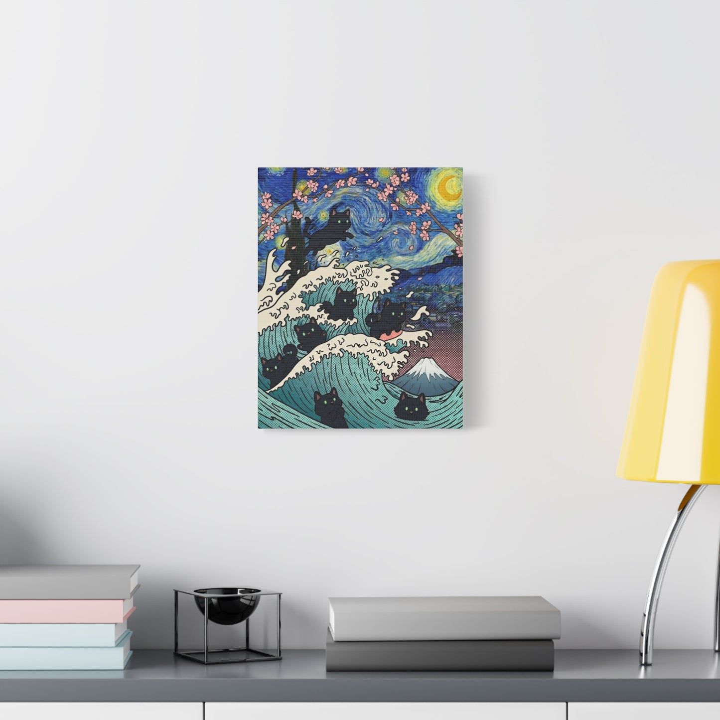 Starry Night Black Cat Wave Canvas Art – Aesthetic Fine Art Decor | TEEZOCA 