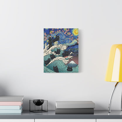Starry Night Black Cat Wave Canvas Art – Aesthetic Fine Art Decor | TEEZOCA 