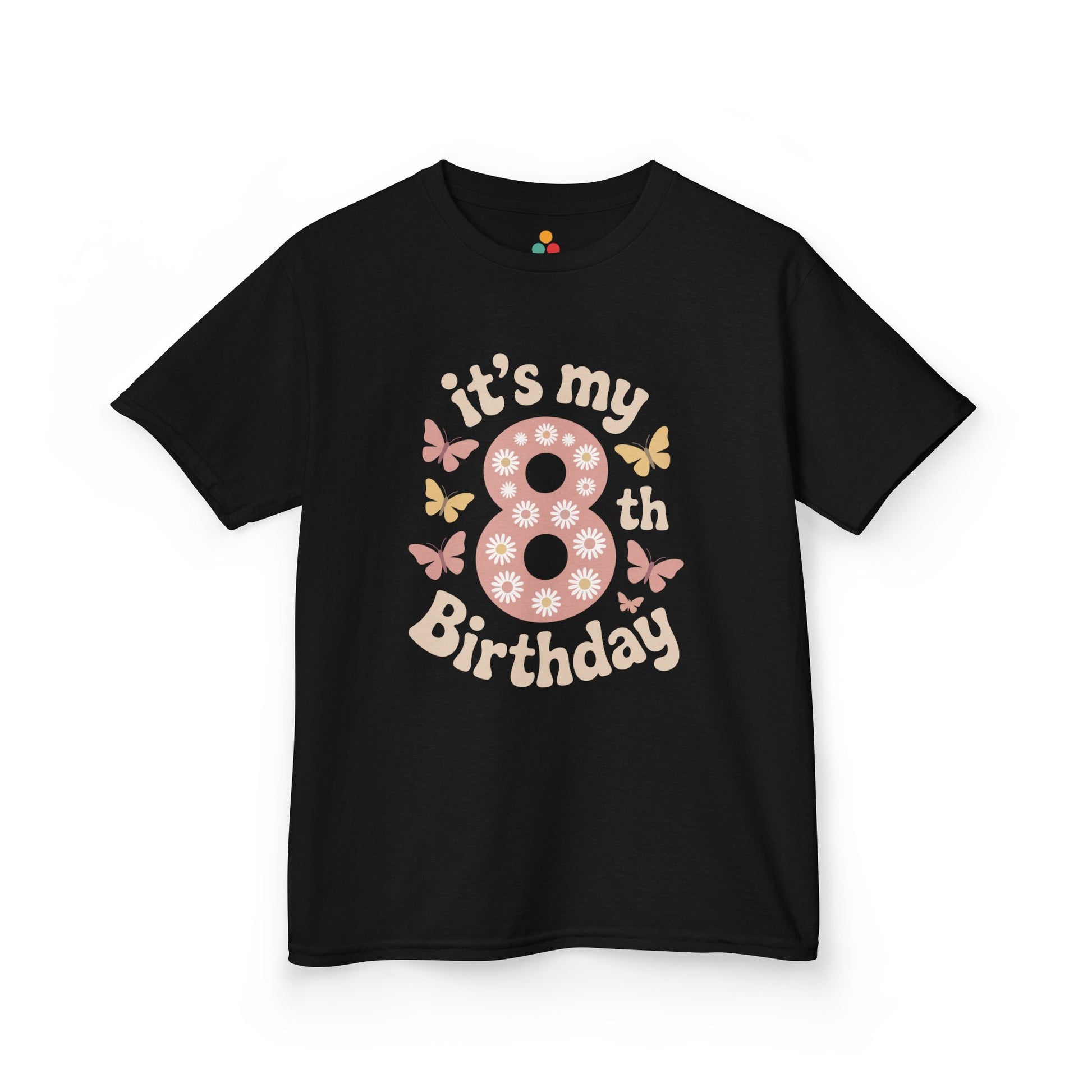 “Black ‘it’s my 8th Birthday’ t-shirt with large pink flowered number 8 and pastel butterflies, kids birthday design, flat front view.”

