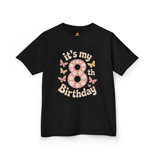 “Black ‘it’s my 8th Birthday’ t-shirt with large pink flowered number 8 and pastel butterflies, kids birthday design, flat front view.”

