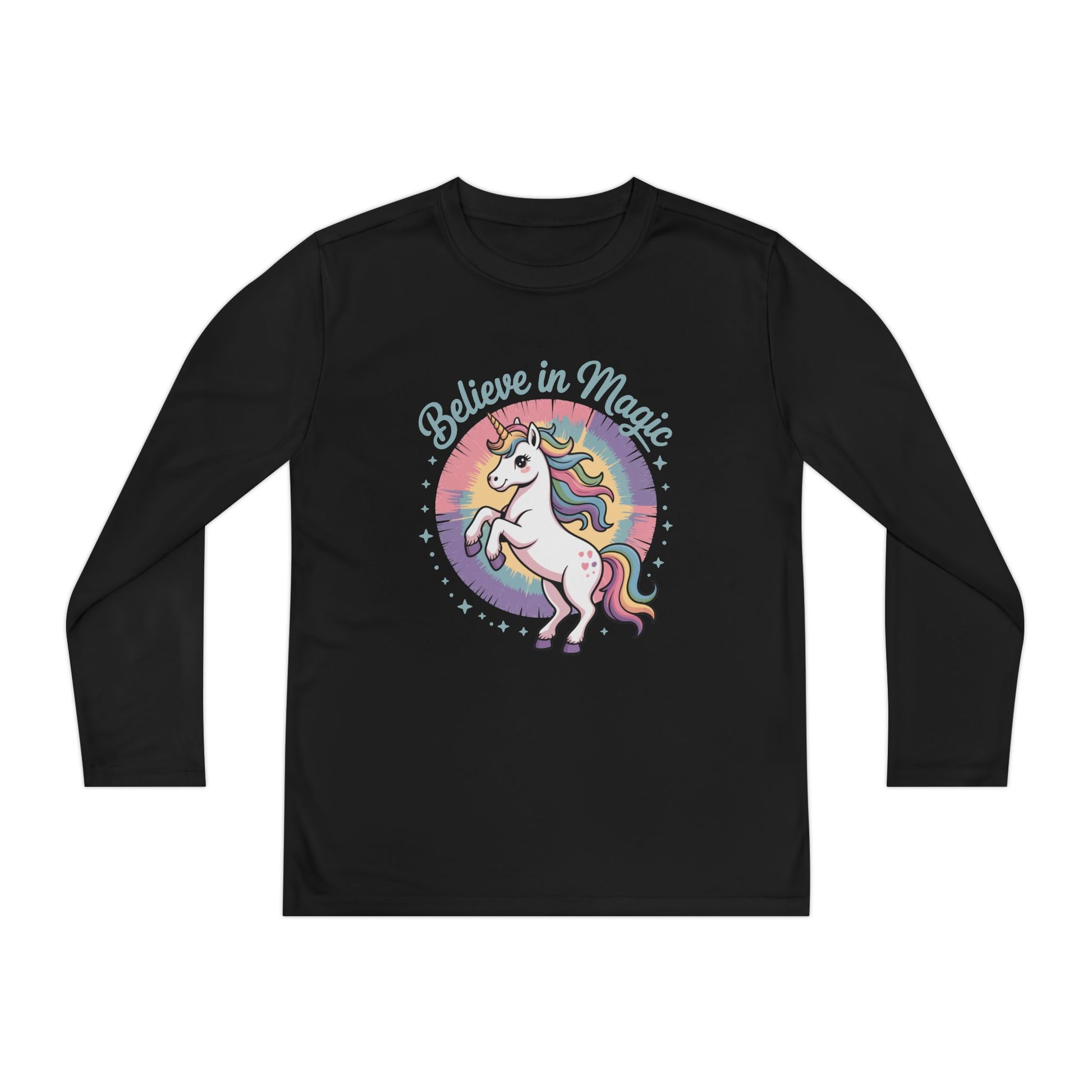 Youth Long Sleeve Tee – "Believe in Magic" Rainbow Unicorn Graphic TEEZOCA