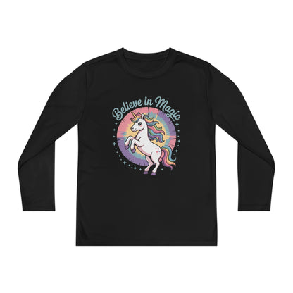 Youth Long Sleeve Tee – "Believe in Magic" Rainbow Unicorn Graphic TEEZOCA