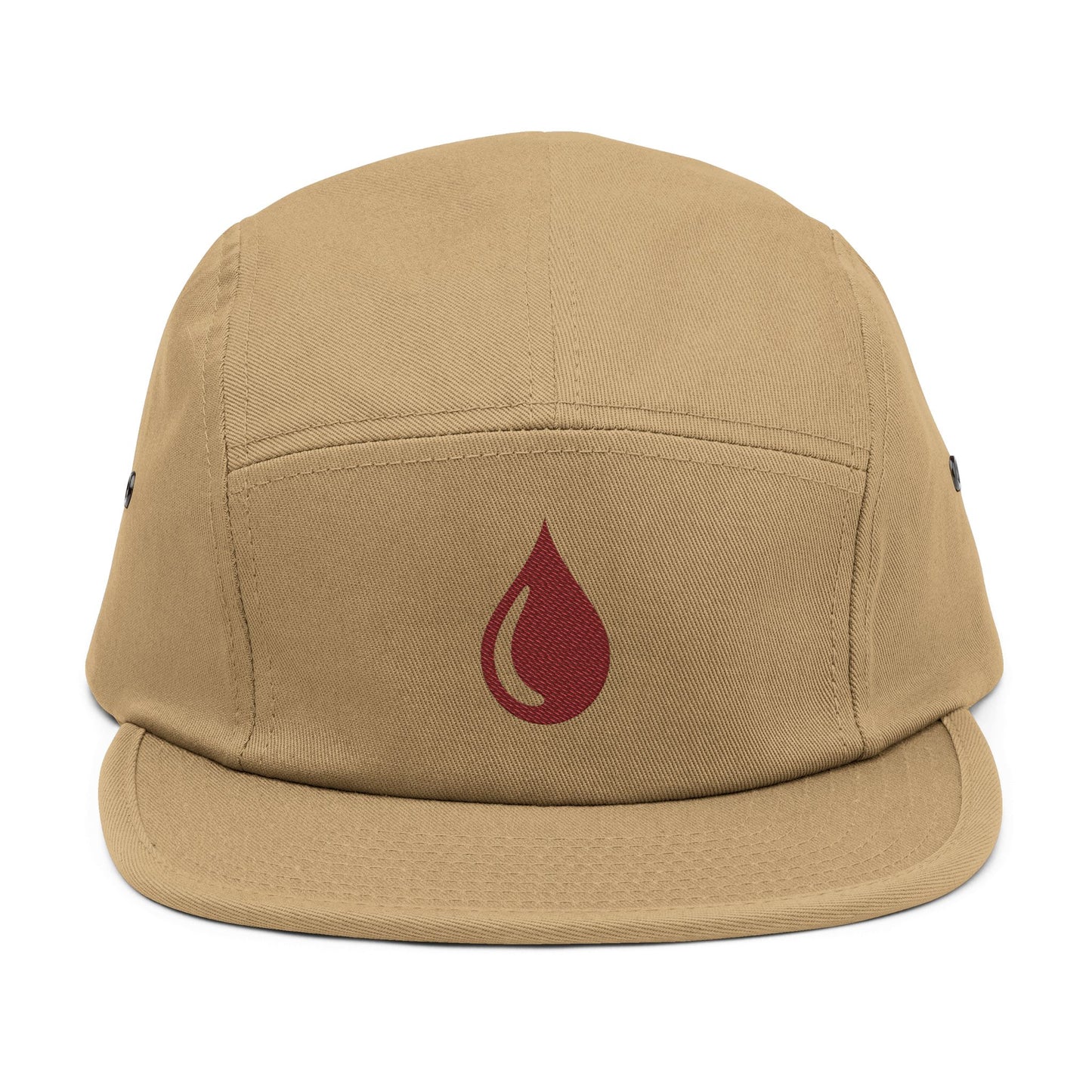 Beige cap with a red droplet symbol on a white background. Minimal coffee drop icon embroidered in a clean, modern style 5-panel cap. TEEZOCA