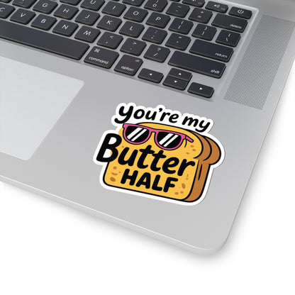 Laptop with a sticker reading 'you're my Butter HALF' on the palm rest area. TEEZOCA