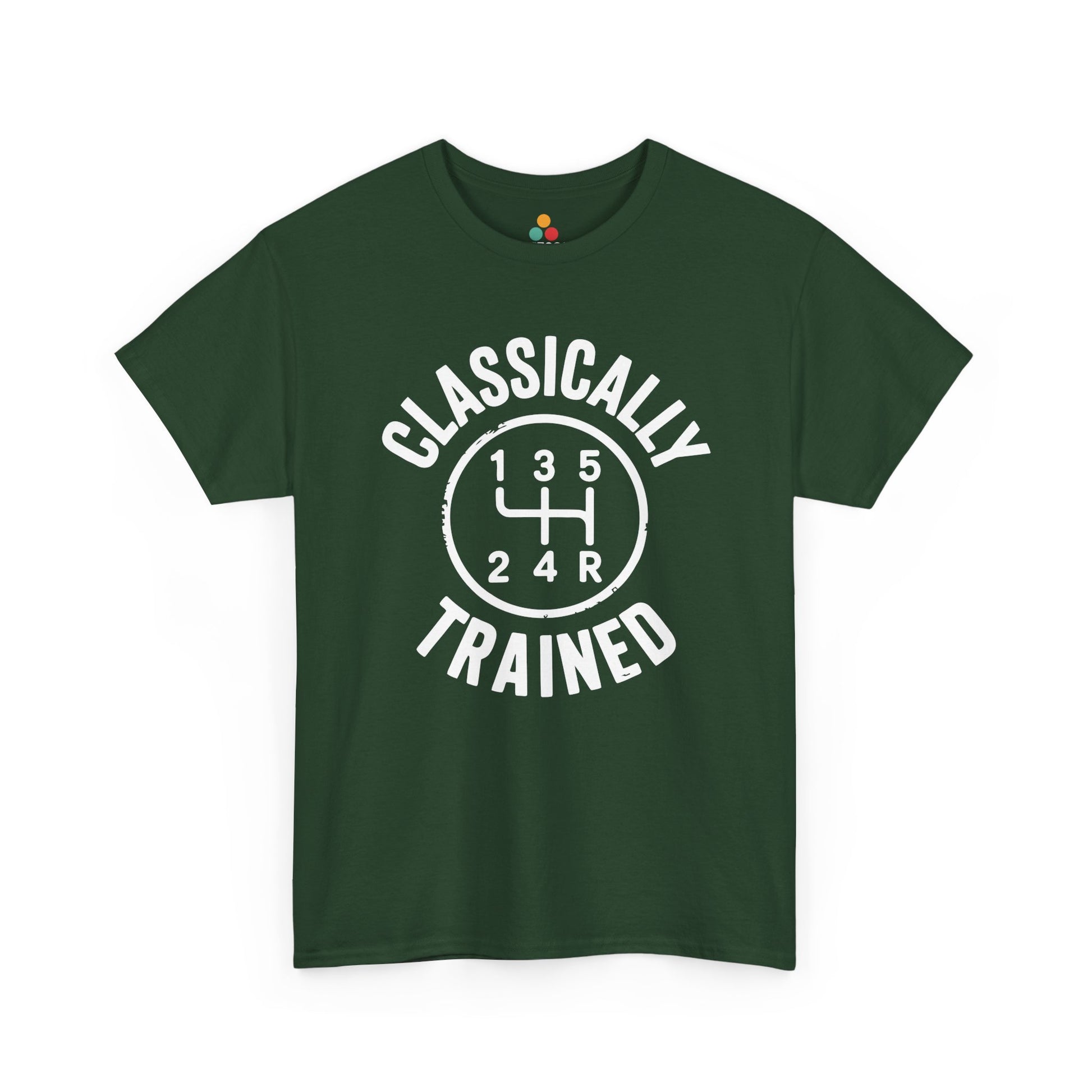 Forest green t‑shirt with circular white “Classically Trained” stick‑shift print, flat front view.​