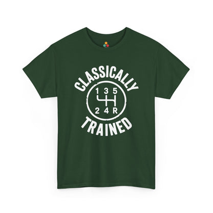 Forest green t‑shirt with circular white “Classically Trained” stick‑shift print, flat front view.​
