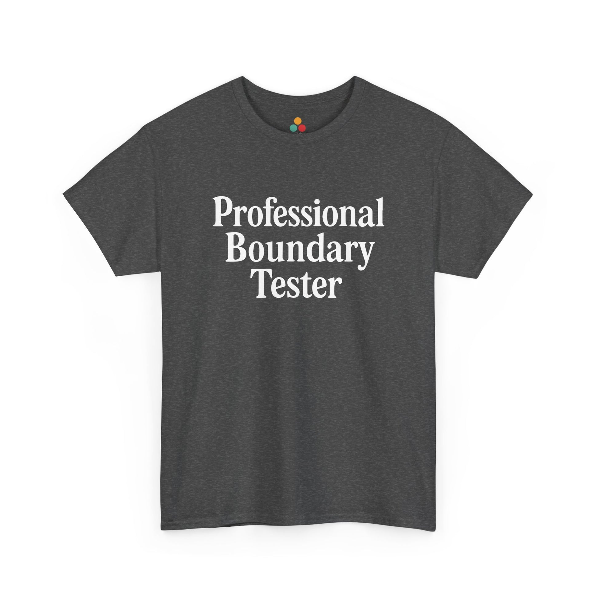 Gray t-shirt with 'Professional Boundary Tester' text on a white background