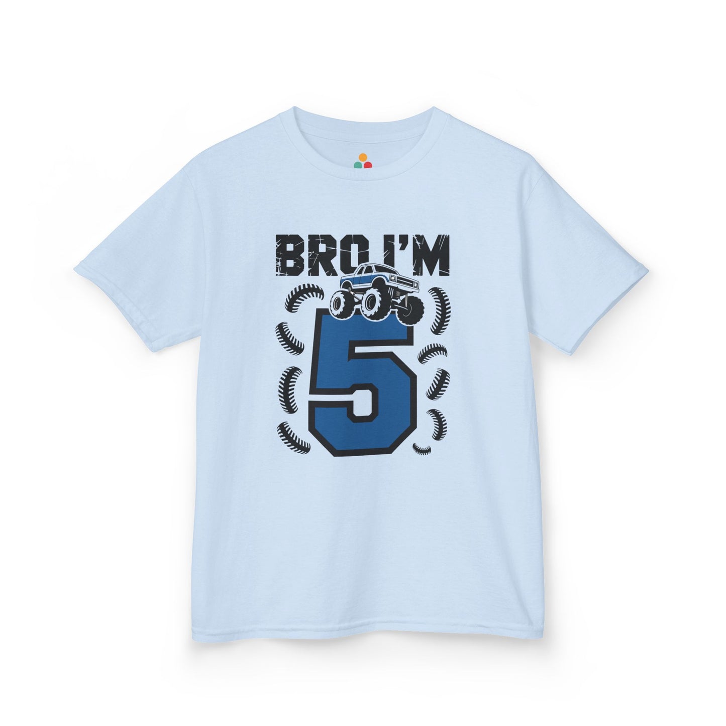 Light blue kids' t‑shirt with "Bro I'm 5" dirt bike motorcycle graphic in blue and black, flat front view.