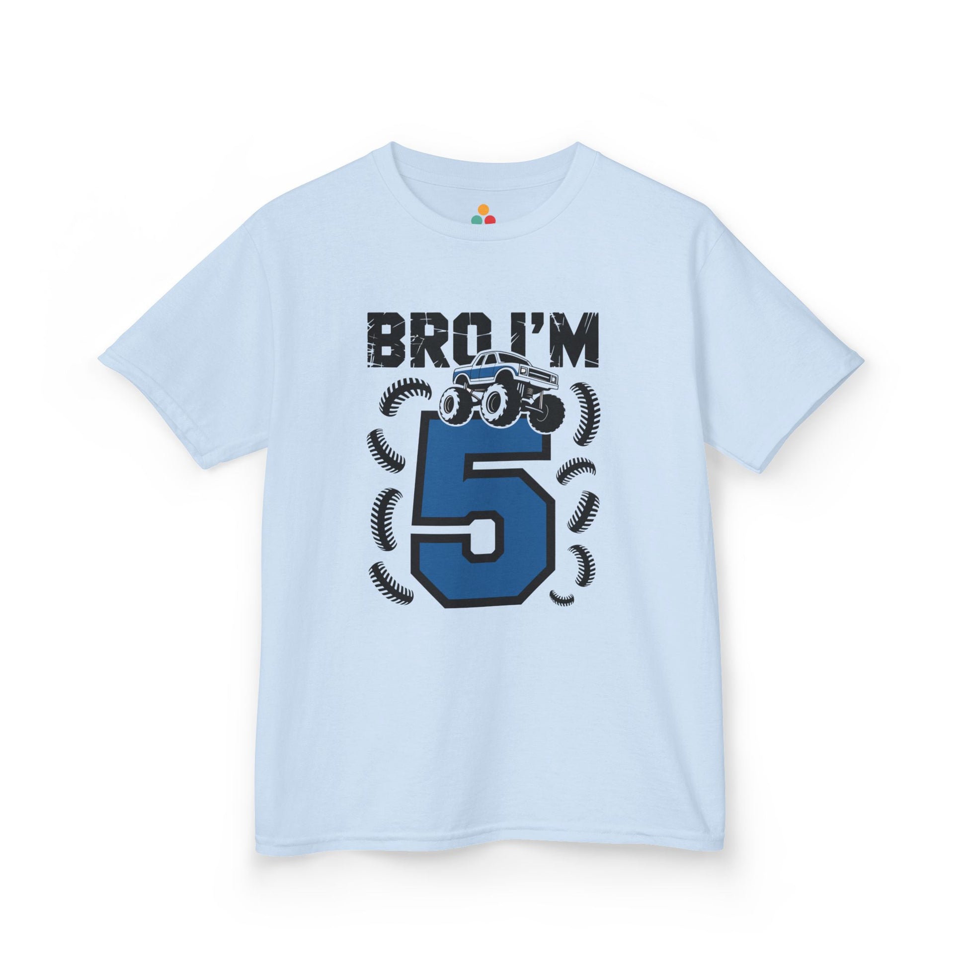 Light blue kids' t‑shirt with "Bro I'm 5" dirt bike motorcycle graphic in blue and black, flat front view.