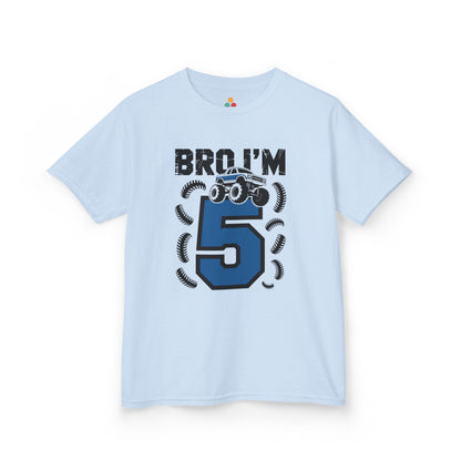 Light blue kids' t‑shirt with "Bro I'm 5" dirt bike motorcycle graphic in blue and black, flat front view.