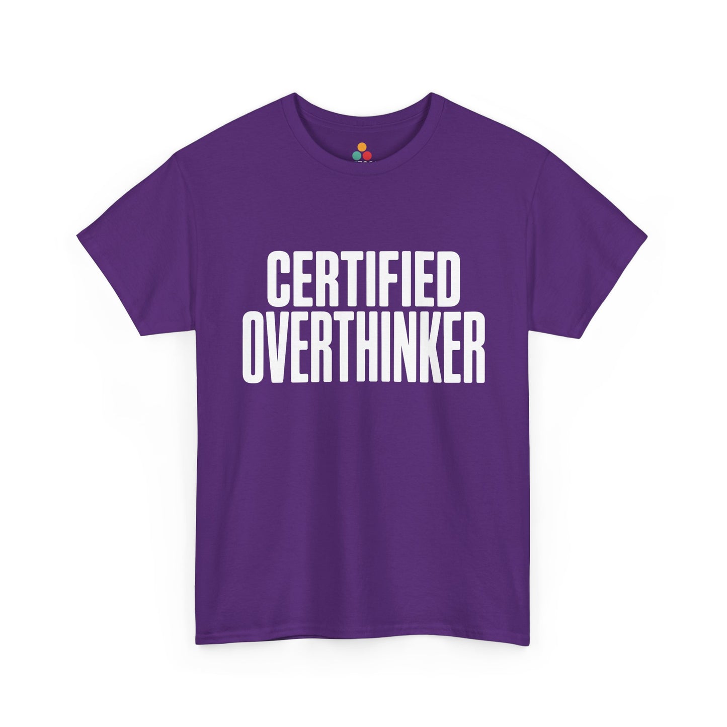 Purple t-shirt with 'CERTIFIED OVERTHINKER' text on a white background | TEEZOCA