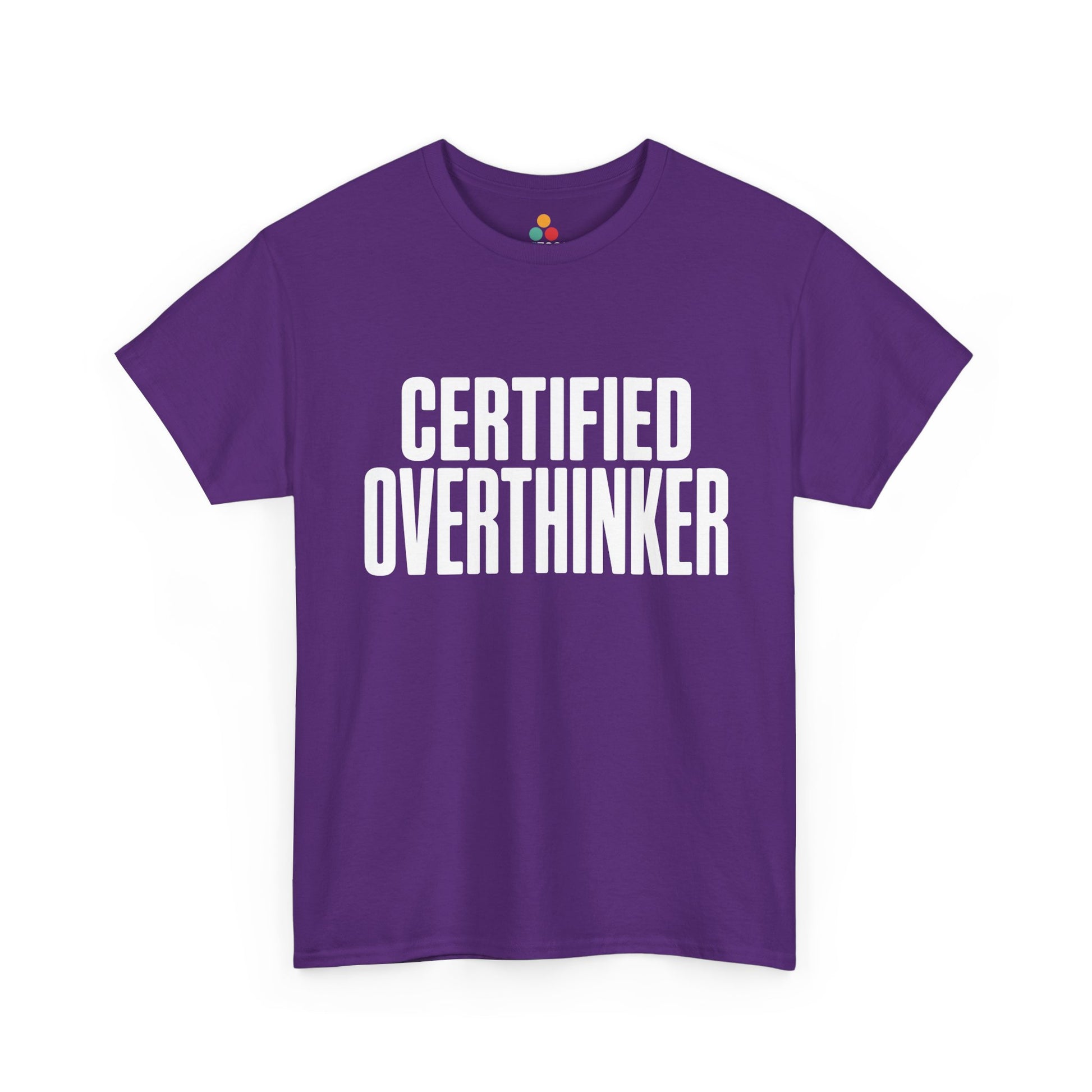 Purple t-shirt with 'CERTIFIED OVERTHINKER' text on a white background | TEEZOCA
