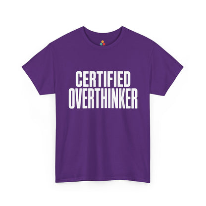 Purple t-shirt with 'CERTIFIED OVERTHINKER' text on a white background | TEEZOCA