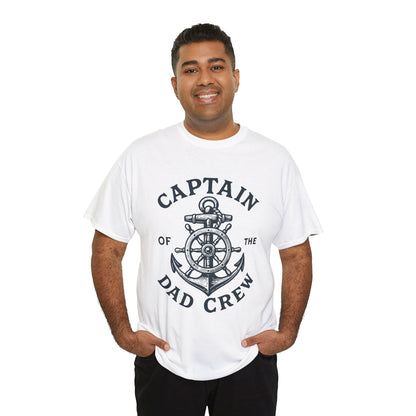 “Male model in Teezoca Captain of the Dad Crew t-shirt, boat-loving father nautical graphic, white shirt, front.”

