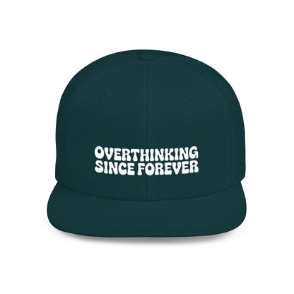 Dark green cap with 'Overthinking Since Forever' text on a white background