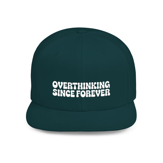 Dark green cap with 'Overthinking Since Forever' text on a white background