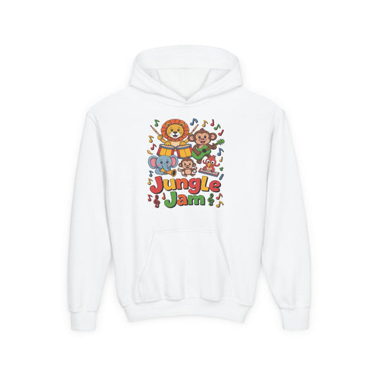 Youth hoodie with colorful Jungle Jam animals playing instruments TEEZOCA