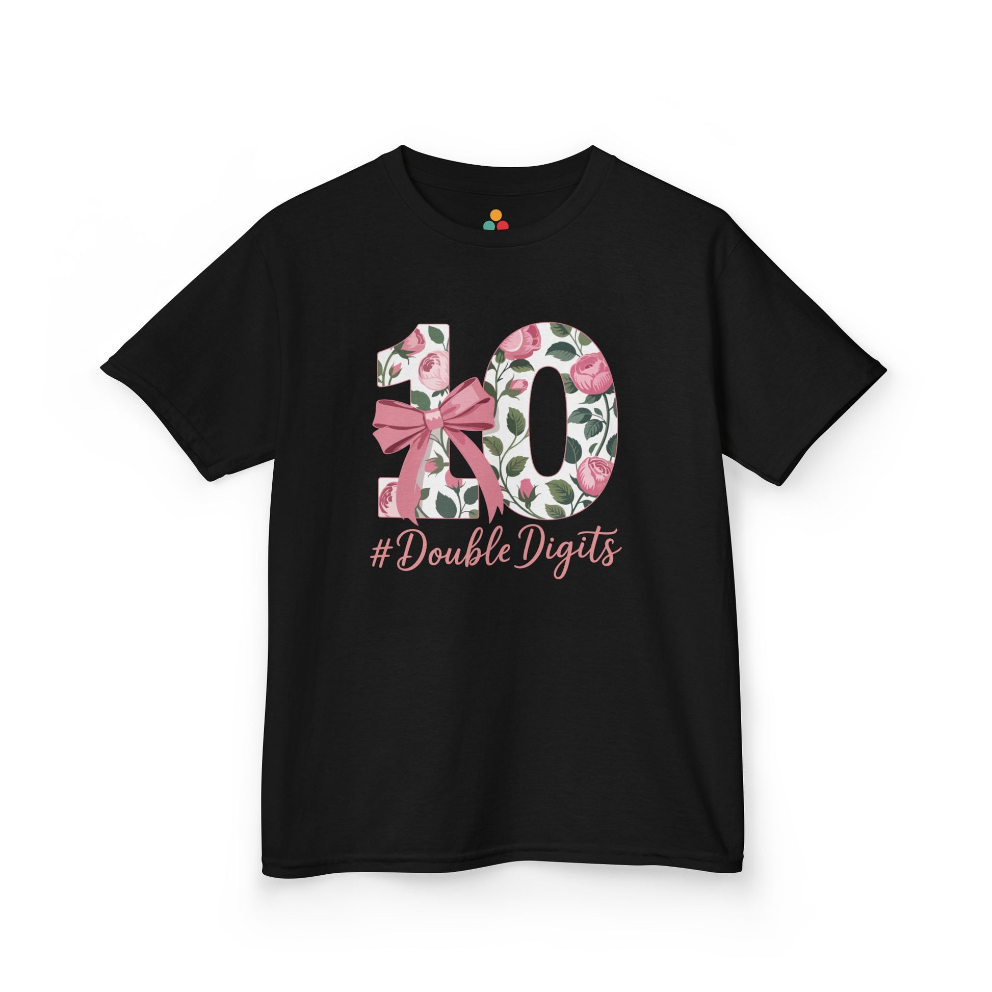 “Black t‑shirt with large floral number 10, pink roses, green leaves and pink bow, ‘#DoubleDigits’ script underneath, girls 10th birthday design, flat front view.”


