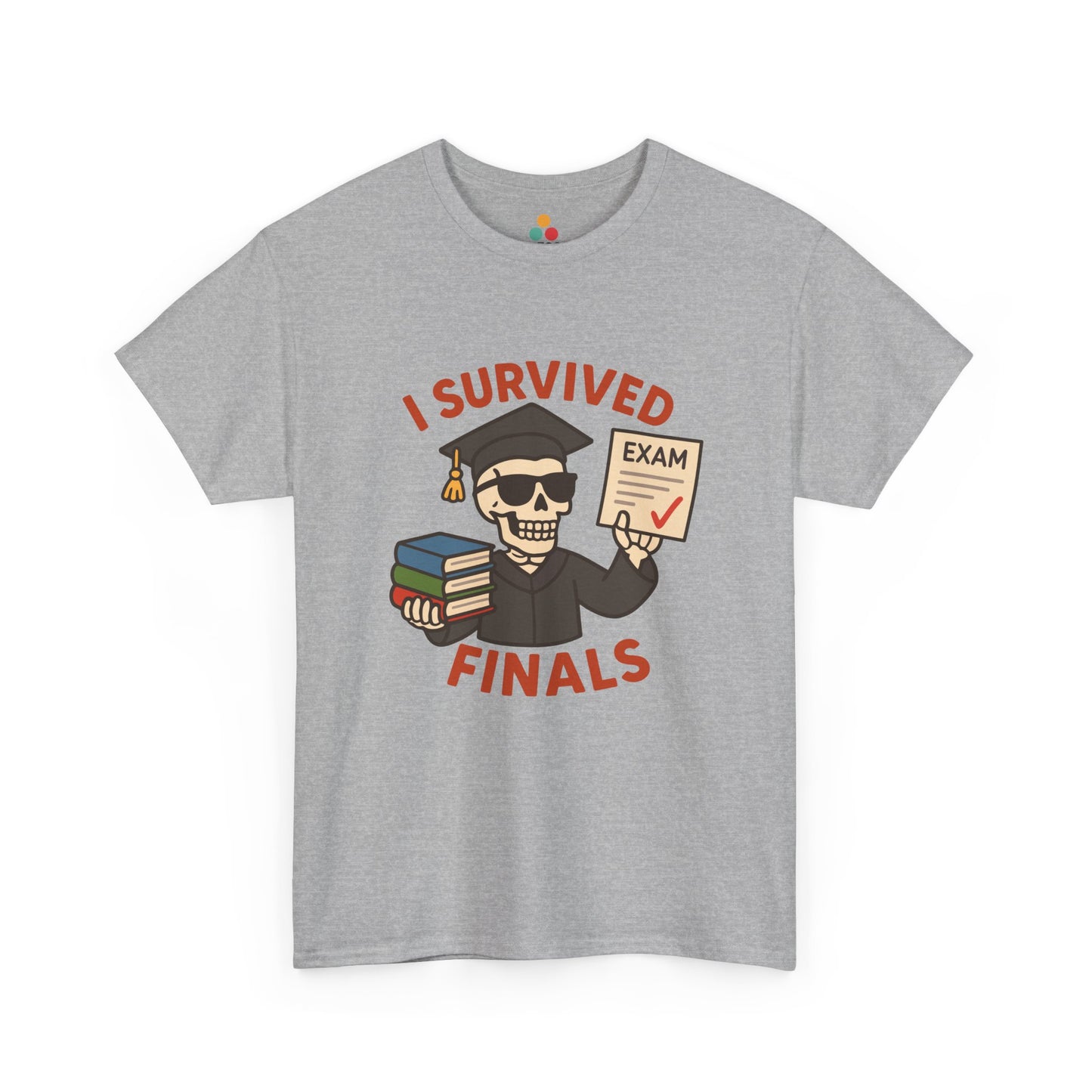 “Gray ‘I Survived Finals’ shirts featuring cartoon graduate and exam artwork, flat front view.”

